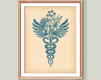 Vintage Caduceus and Flowers Art Medical Symbol Art Doctor Graduation Registered Nurse Gift Med Student Gift Doctor Office Decor