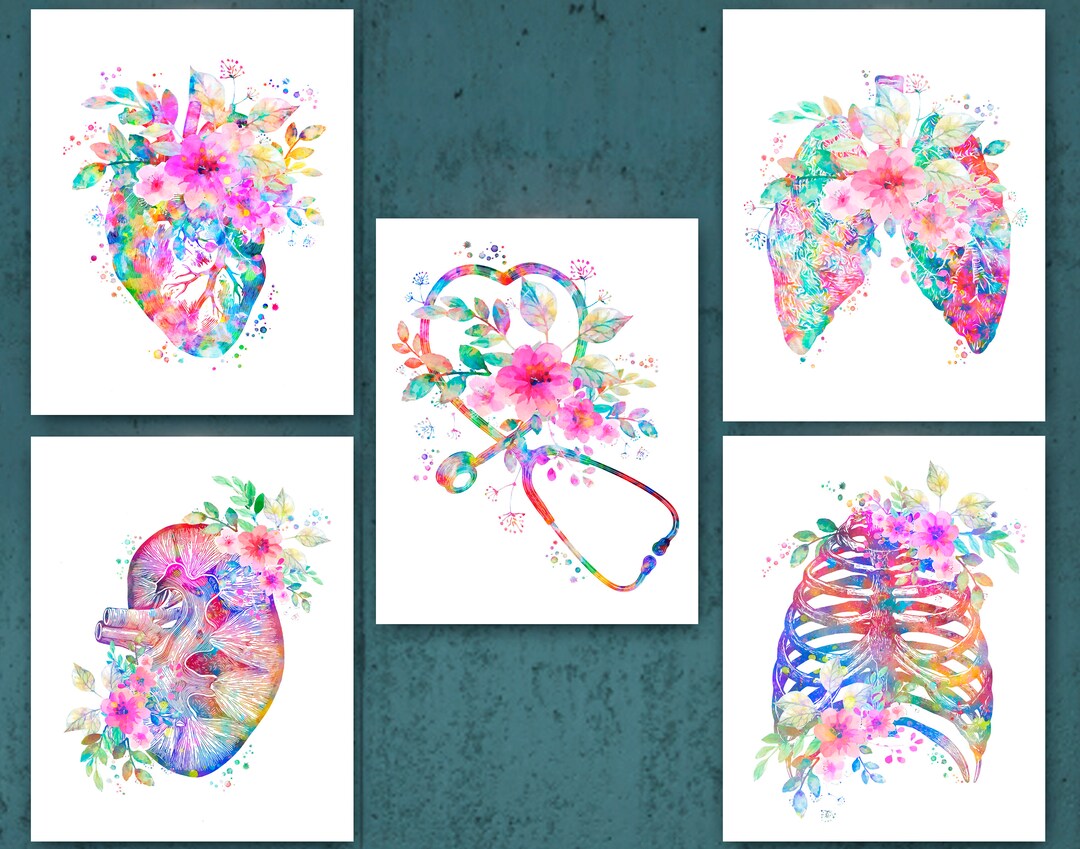 Floral Anatomy Poster Watercolor Heart Lungs Kidney Rib Cage Art Print ...