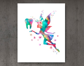 Tooth Fairy Watercolor Art Floral Dental Art First Lost Tooth Poster Baby Tooth Decor Dentist Gift Dental Clinic Decor
