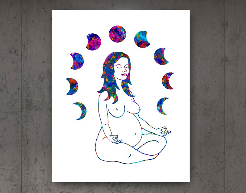 Pregnant Woman Meditation Print Pregnancy Anatomy Moon Phases Baby in Womb Uterus Silhouette Poster Yoga Teacher Gift Clinic Decor