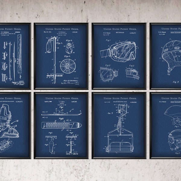 8 Ski Art, Ski Patent Blueprints, Sport Patent Drawing, Ski Goggles Patent, Ski Pole Patent, Ski Boots Patent, Sport Invention Art