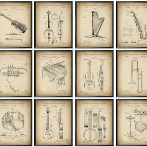 12 Musical Instruments Blueprint Music Patent Art Gift for Musician Guitar Patent Violin Patent Band Director Gift Music Studio Decor