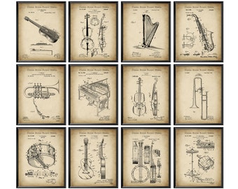 12 Musikinstrumente Blaupause Musik Patent Art Geschenk für Musiker Gitarre Patent Violine BandLeiter Geschenk Musik Studio Dekor