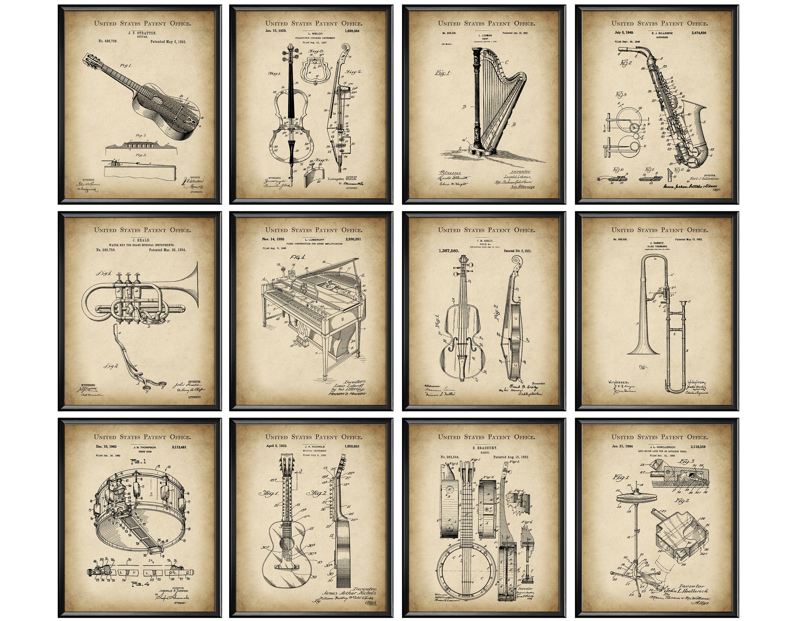 12 Musical Instruments Blueprint Music Patent Art Gift for Musician Guitar Patent Violin Patent Band Director Gift Music Studio Decor