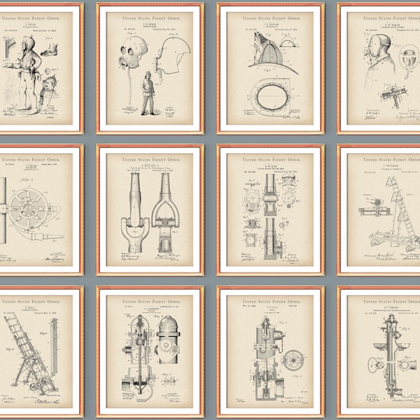 12 Feuerwehrmann Geschenk Feuerwehrmann PatentKunst Vintage Blueprint Hydrant Patent Feuerschlauch Patent Leiter Patent Erfindung Mann Geschenk Vater Geschenk