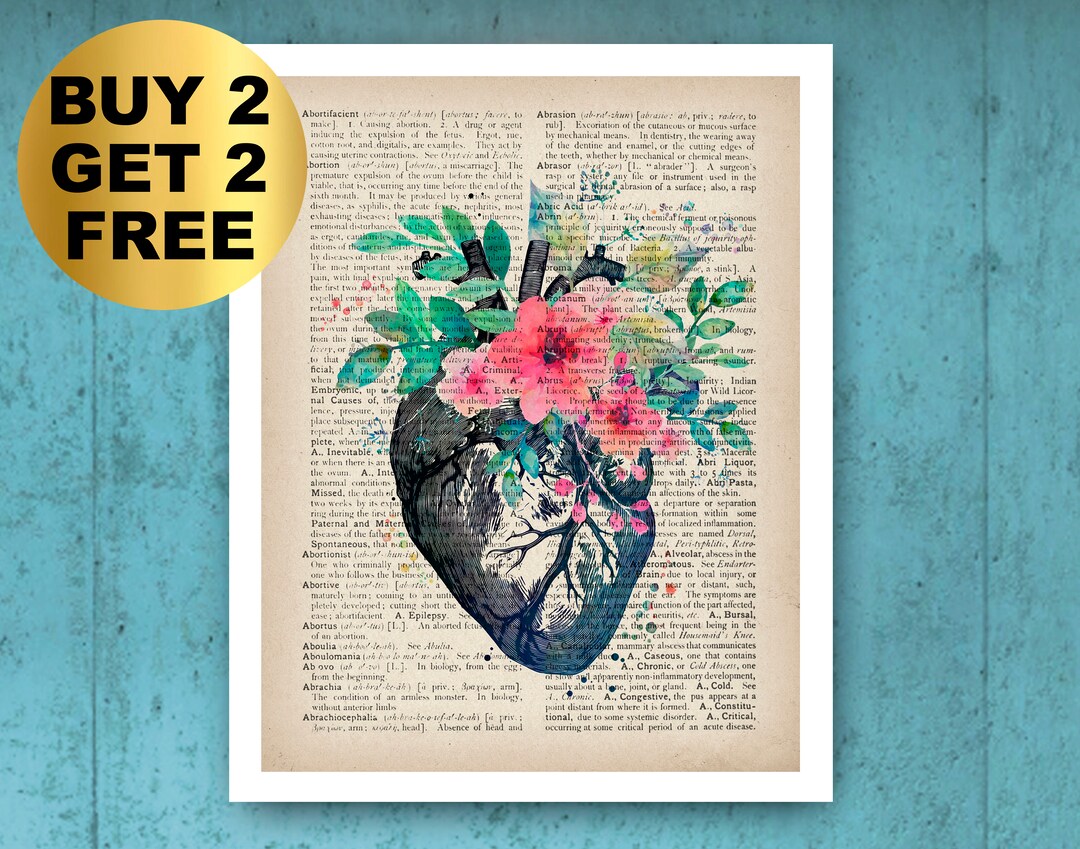 Vintage Floral Anatomical Heart Dictionary Art Cardiologist Gift ...