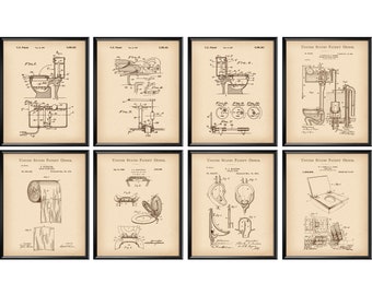 8 Toilet Vintage Patent Art Water Closet Invention Poster Toilet Seat Drawing Toilet Paper Roll Patent Bathroom Decor Plumber Gift