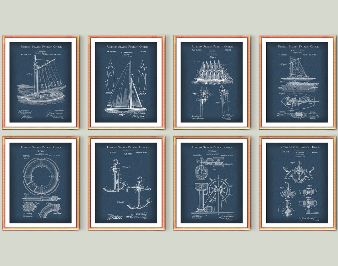 8 Vintage Sailing Patent Art Boating Blueprint Nautical Wall Decor ...
