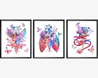 3 Medical artworks, Doctor graduation gift, Nursing art, Caduceus symbol art, Stethoscope art, Human lungs art, Physiology art, Science art