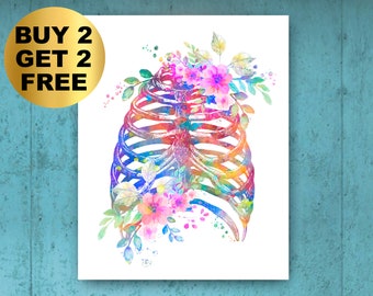 Aquarel Ribbenkast Kunst Thorax Kunst Skelet Anatomie Poster Medische Kunst Kliniek Decor Orthopedisch Arts Cadeau Medische Student Cadeau