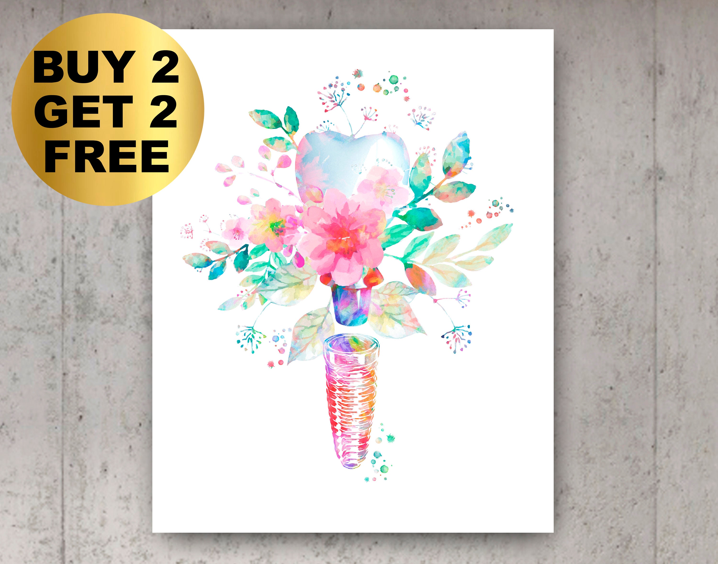 Picture Idea: Floral Dental Implant Art Watercolor Medical Art Dentistry Art Dentist