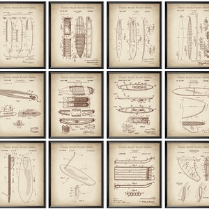 May include: A set of 12 vintage-style prints featuring black and white illustrations of surfboard designs. Each print includes the text "United States Patent Office" and the patent number. The prints are perfect for adding a touch of nautical charm to any home or office.