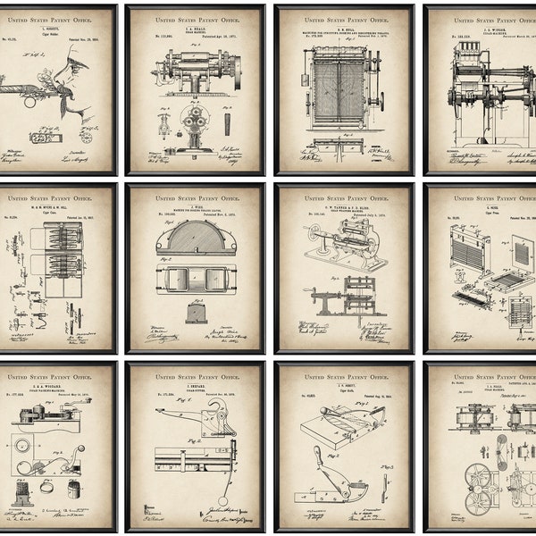 12 Cigar Manufacture Patent Art Cheroot Blueprint Tobacco Equipment Scheme Poster Cigar Machine Patent Smoker Gift Bar Wall Decor