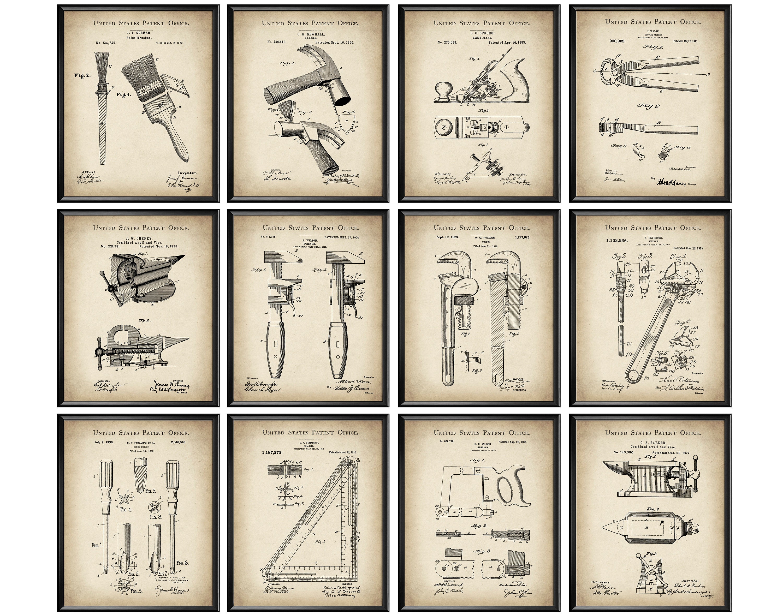 12 Vintage Workshop Blueprint Woodworking Tools Patent Carpentry Patent Plumbing Patent Handyman Gift Garage Wall Decor Husband Gift