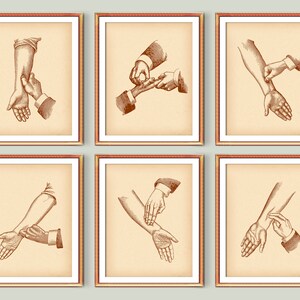 May include: Six vintage illustrations of hands demonstrating different ways to take a pulse. Each illustration is framed in a brown frame with a cream background.