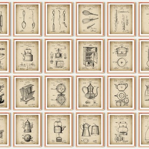 24 Vintage Kitchen Art Patents Frying Pan Patent Rolling Pin Patent Spoon Patent Cook Equipment Blueprint Gift for Chef Kitchen Wall Decor