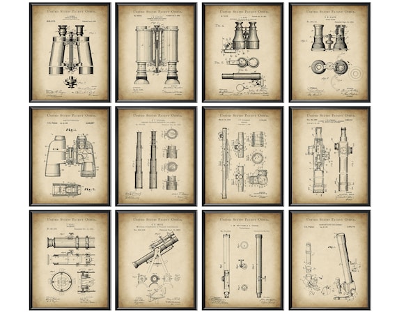 12 Binocular Patent Art Vintage Spyglass Blueprint Telescope