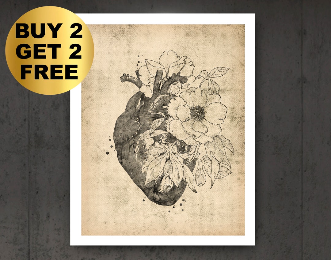 Cardiology Art Vintage Anatomical Heart Art Floral Anatomy Wall Art ...