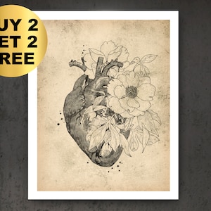 Kardiologie Kunst Vintage Anatomische Herz Kunst Floral Anatomie Wand Kunst Kardiologe Geschenk Chirurg Geschenk Arzt Büro Geschenk Doktor Graduierung