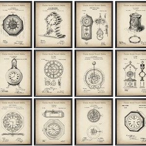 Puede incluir: Un conjunto de 12 dibujos de patentes de relojes vintage en blanco y negro. Cada dibujo presenta un diseño de reloj diferente con detalles intrincados y texto que incluye el número de patente, la fecha y el nombre del inventor.