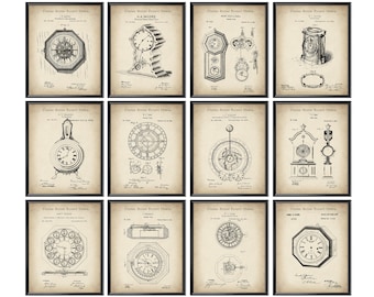12 Vintage Klok Patent Art Horloge Blauwdruk Kalender Klok Schema Kunst Astronomische Klok Patent Home Wall Decor Housewarming Gift