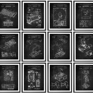 May include: A set of 12 black and white vintage computer patent prints. The prints feature drawings of various computer components, including a keyboard, floppy disk, hard drive, mouse, and motherboard. Each print includes the text "United States Patent Office" and the patent number.