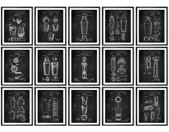 15 Bartender Gift Cocktail Bar Decor Kitchen Blueprint Drinking Patent Art Shaker Patent Mixer Patent Cooking Art Chalkboard Painting