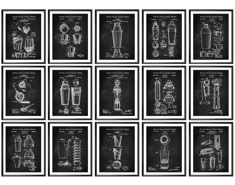 May include: A set of 18 black and white vintage cocktail shaker patent prints. Each print features a different design of a cocktail shaker, with details like the shaker's shape, lid, and handle. The prints are framed in black frames and arranged in a grid pattern.
