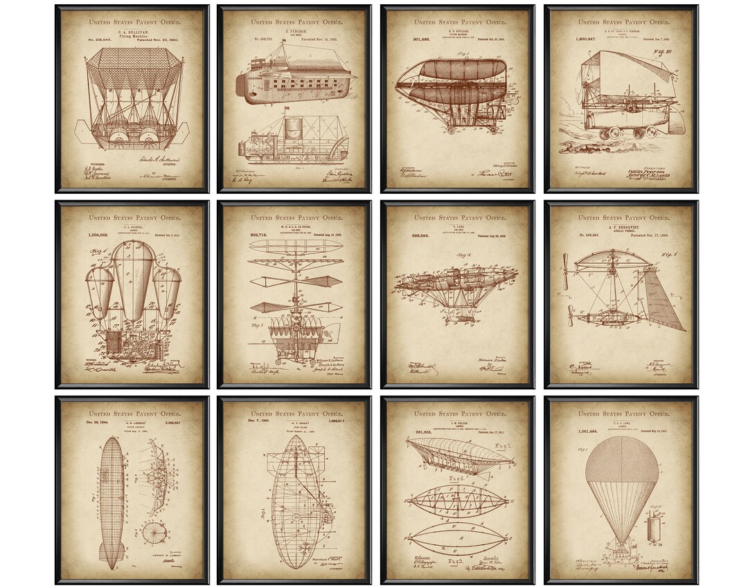 12 Vintage Airship Patent Art Flying Machine Blueprint Hot Air Balloon ...