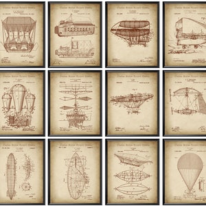 12 Vintage Airship Patent Art Flying Machine Blueprint Hot Air Balloon Patent Poster Steampunk Wall Decor Aviation Poster Balloonist Gift