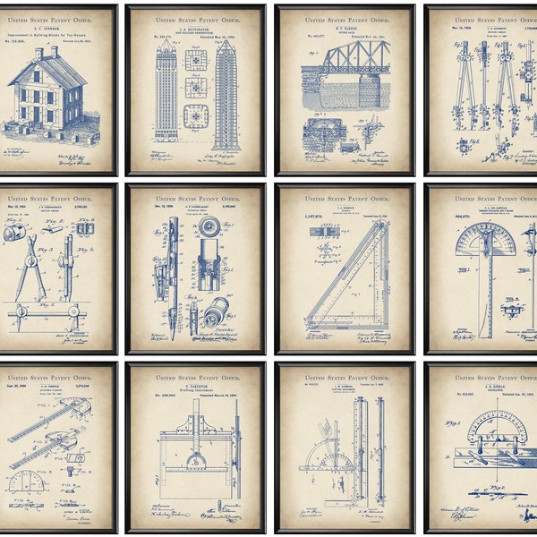 12 Architect Gift Tools Patent Art Architecture Drawing Technical Wall Decor Architect Drafting Blueprint Construction Art Industrial Poster