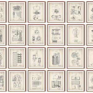 May include: A set of 16 vintage patent drawings for various inventions. The drawings are in black and white and feature detailed illustrations of the inventions. The drawings are framed in brown frames and have a beige background.
