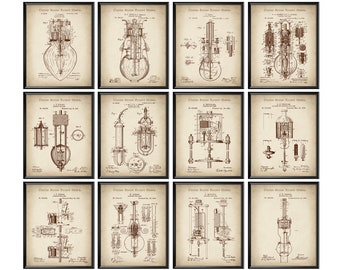 Lampada ad arco elettrico Patent Set 12 Elettricista Regalo Elettricità Blueprint Wall Decor Steampunk Art Arte industriale Invenzioni antiche Blueprint