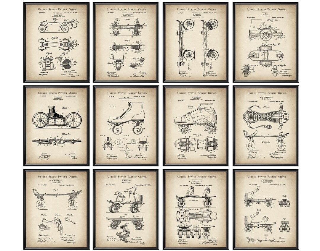 12 Vintage Rollerblading Patent Art Roller Skate Blueprint Rollerskater