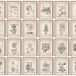 May include: A collection of twenty-four framed prints featuring United States Patent Office technical drawings of various mechanical engine components and automotive parts, displayed in a grid with black ink on a light beige paper background.