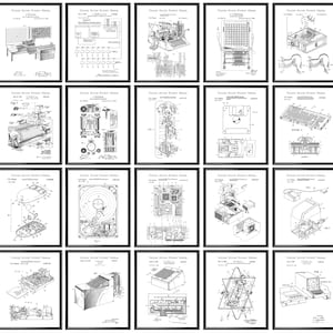 Może przedstawiać: Kolekcja 20 czarno-białych rysunków patentów komputerowych z epoki. Rysunki przedstawiają różne komponenty komputerowe, w tym klawiaturę, mysz, dysk twardy i monitor.