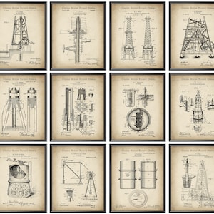 12 Vintage Oil Drilling Rig Patent Art Industrial Poster Oil Well Drill Technology Geologist Gift Drill Machine Blueprint Petroleum Engineer