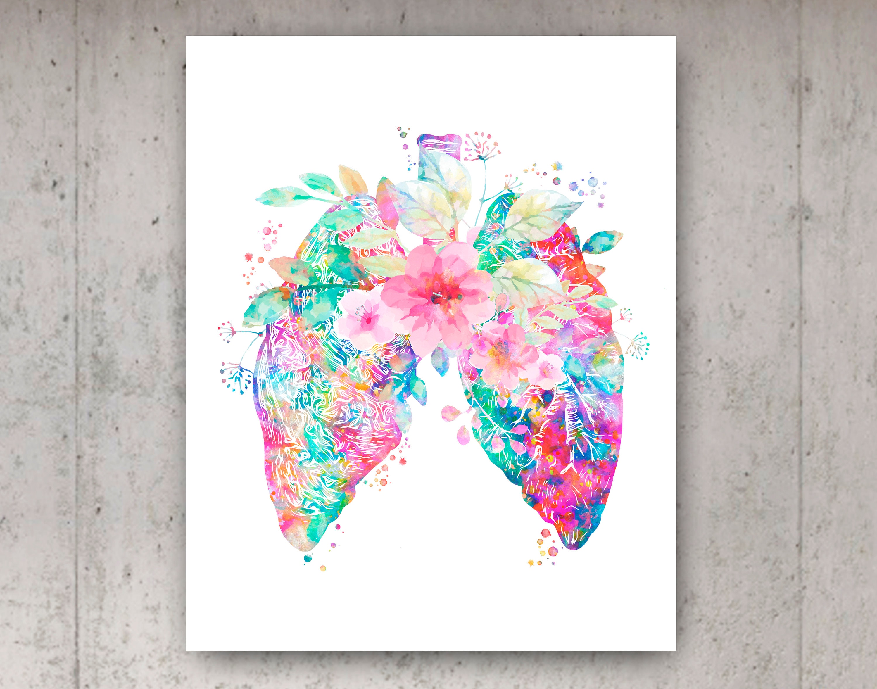 Floral Anatomy Print Set of 8 Watercolor Brain Heart Lungs Kidney Liver ...