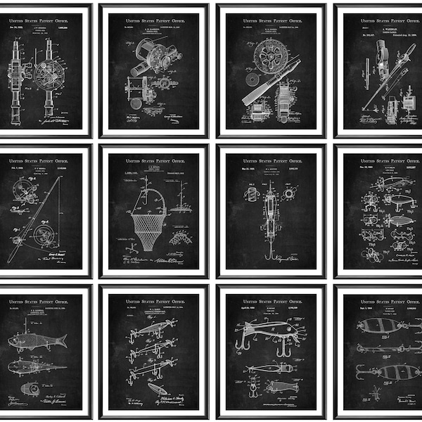 12 Fisherman Gift Fishing Patent Art Angling Blueprint Art Piscary Art Trolling Equipment Scheme Art Fly-Fishing Poster Lake House Decor