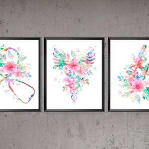 Nurse Gift Caduceus Watercolor Art Stethoscope and Flowers Microscope Poster Medical Art Clinic Wall Decor Doctor Office Gift
