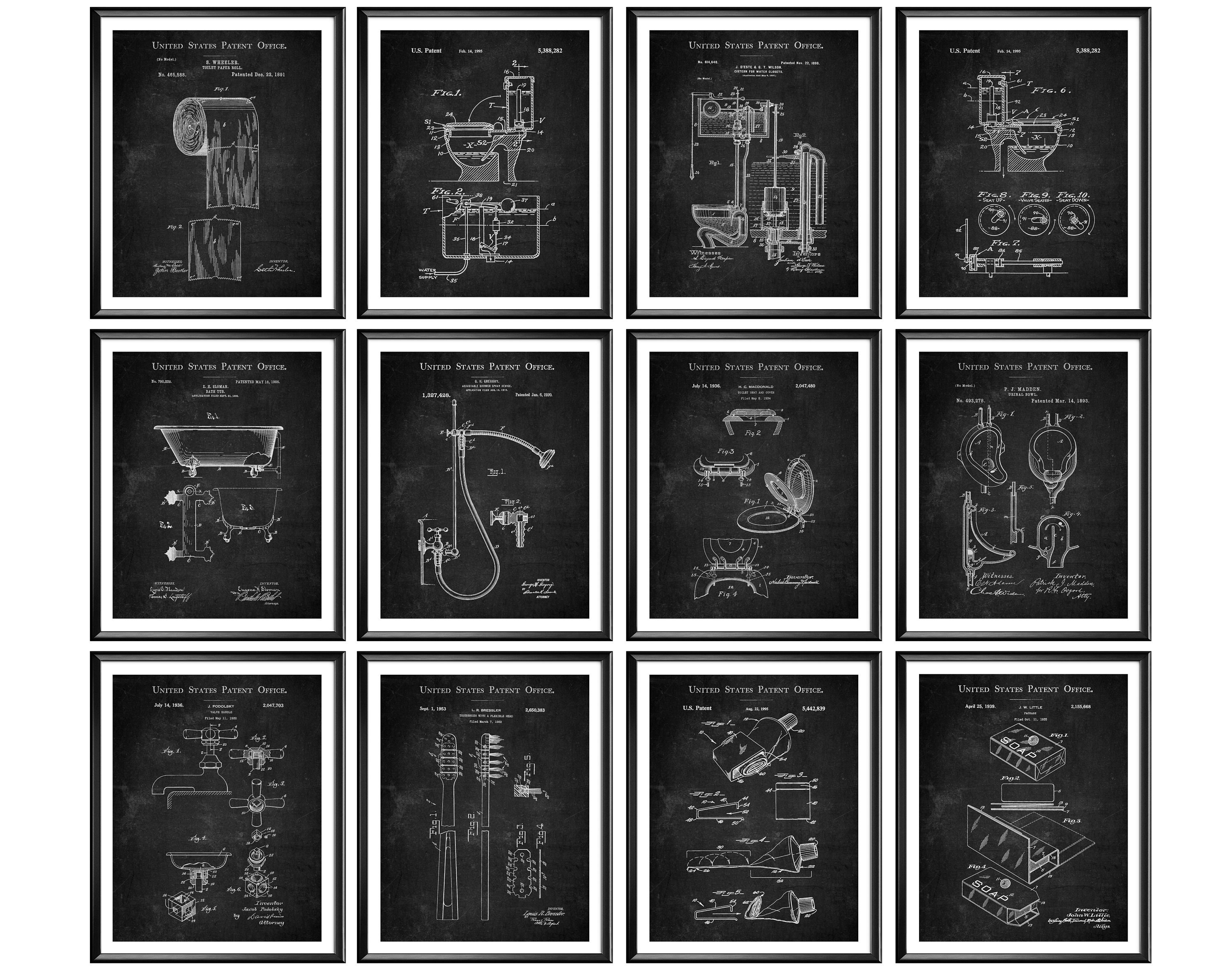 12 Bathroom Wall Decor Chalkboard Art Patent Plumbing Blueprint Toilet ...