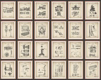 鉄道特許アートプリント：ヴィンテージ鉄道設計図ポスターセット