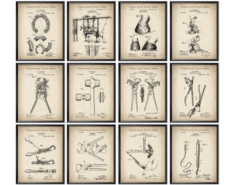 12 Vintage Farrier Patent Art Horseshoer Blueprint Blacksmith Gift Shoe Equipment Farm Art Veterinary Art Horse Racing Art Farm House Decor