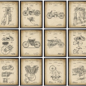 12 patentes de motocicletas vintage, planos de chopper, esquemas de ciclomotor, arte de motocicletas, arte mecánico, arte de vehículos, regalo de motociclista, decoración de garaje