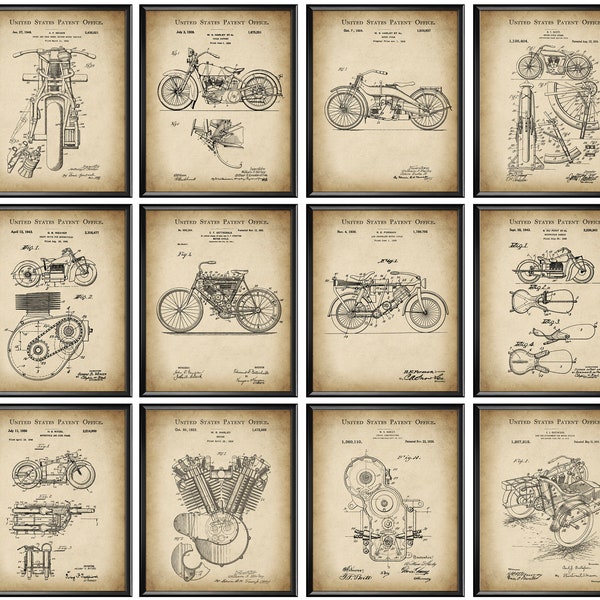 12 vintage moto brevet Art Chopper Blueprint cyclomoteur Scheme Art moto Art mécanicien Art véhicule Art motard cadeau Garage Decor