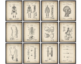 Peut inclure: Un ensemble de 12 illustrations médicales vintage, chacune encadrée en noir. Les illustrations représentent diverses structures anatomiques, notamment le squelette, la colonne vertébrale, le crâne et des outils médicaux. Les illustrations sont en noir et blanc et ont une esthétique vintage.