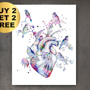 Heart and Birds Watercolor Art Cardiologist Gift Medical Poster Surgeon Gift Doctor Office Art Nurse Graduation Gift Med Student Gift