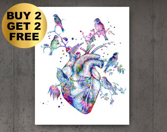 Heart and Birds Watercolor Art Cardiologist Gift Medical Poster Surgeon Gift Doctor Office Art Nurse Graduation Gift Med Student Gift