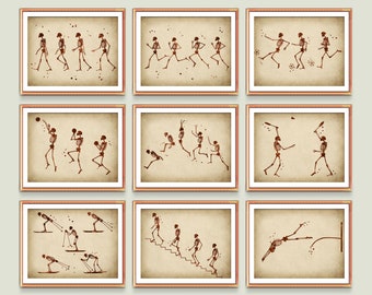 9 Phases of human locomotion, Biomechanical diagram, Moving skeletons, Running phases, Jump phases, Motion phases, Physiotherapy Poster