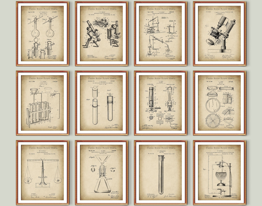 12 Vintage Chemistry Science Lab Equipment Patent Art Laboratory Decor ...